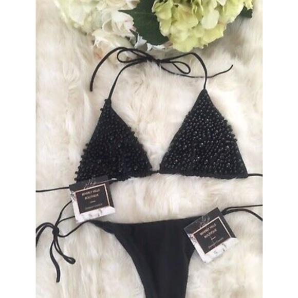 NEW! PEARL BIKINI BLACK SWIMSUIT 2 PIECE SET THONG - Picture 6 of 12